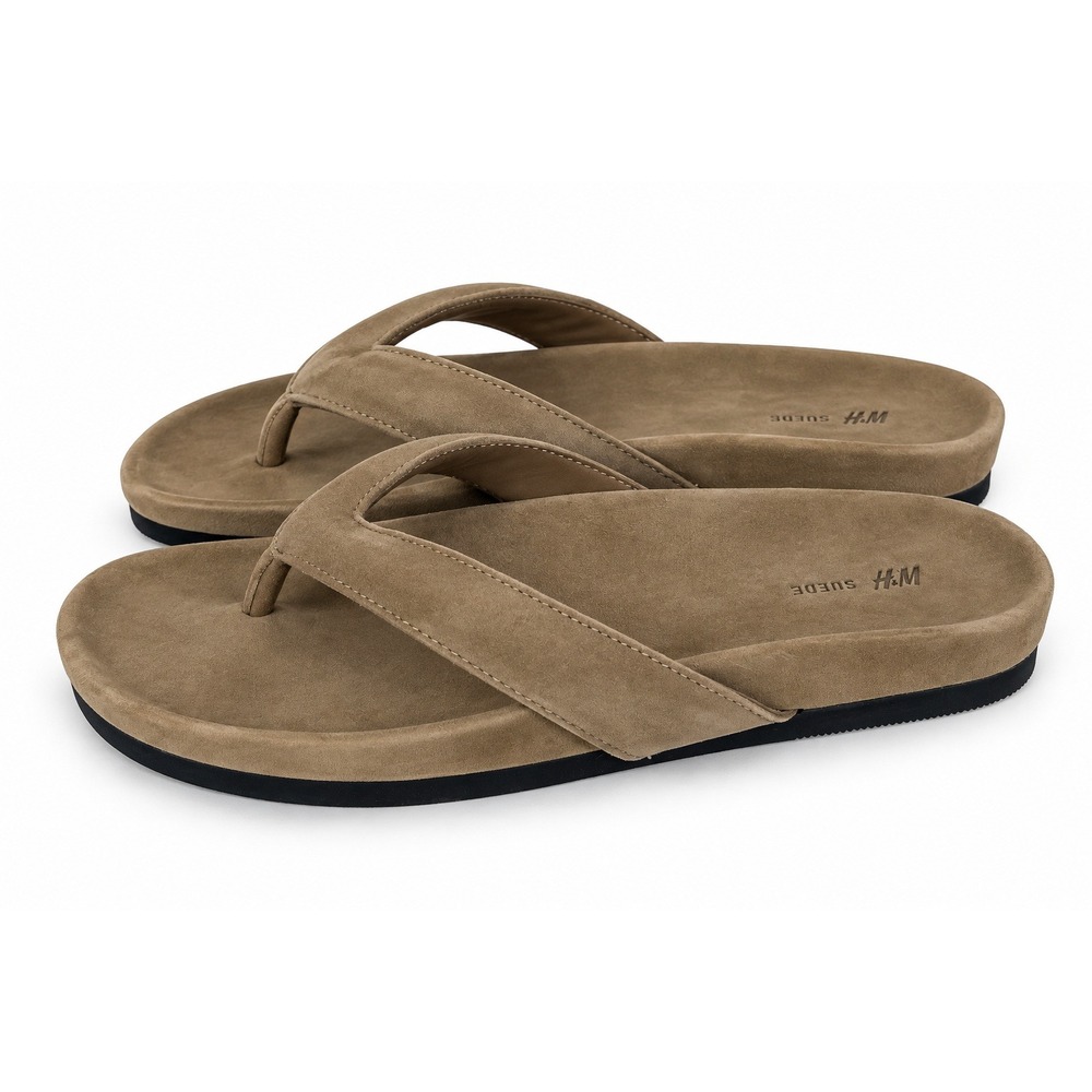HM Premium Selection Suede Flip Flops Khaki Green Dark Sandals Womens 8 EUR 39